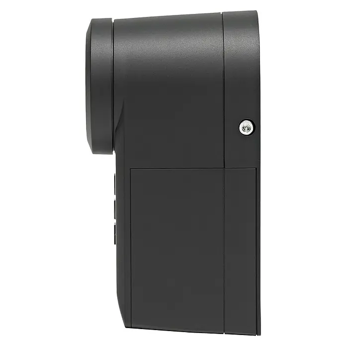 Homematic IP Funk-Türschlossantrieb HmIP-DLD-A - Anthrazit, Batteriebetrieben, 36 x 56 x 118 mm - Seitenansicht einer schwarzen Überwachungskamera, die sich durch ihr schlichtes Design und die gute Verarbeitungsqualität auszeichnet.