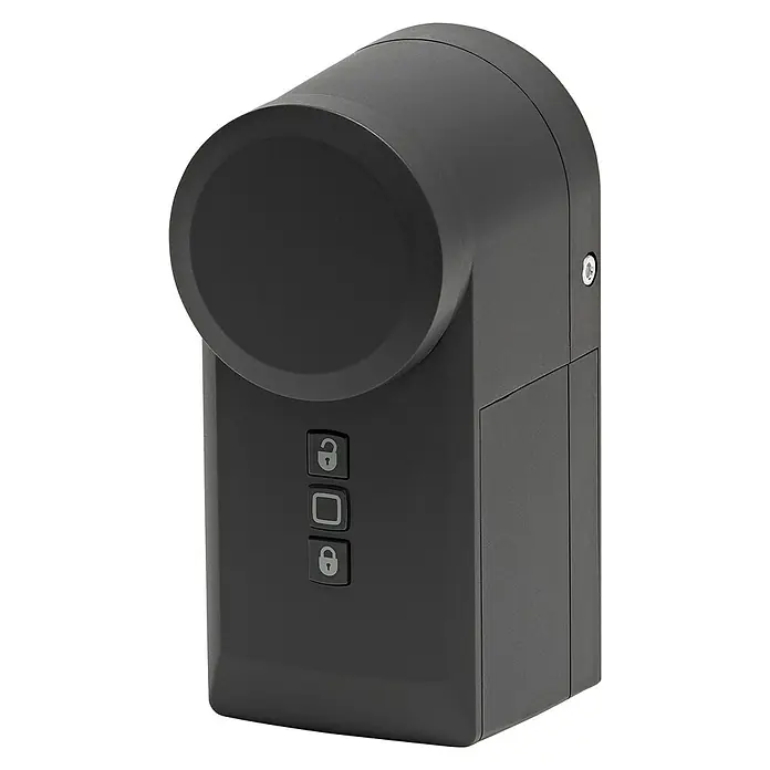 Homematic IP Funk-Türschlossantrieb HmIP-DLD-A - Anthrazit, Batteriebetrieben, 36 x 56 x 118 mm - Nahaufnahme eines schwarzen elektronischen Türschlosses mit Tasten und einem zylindrischen Design.