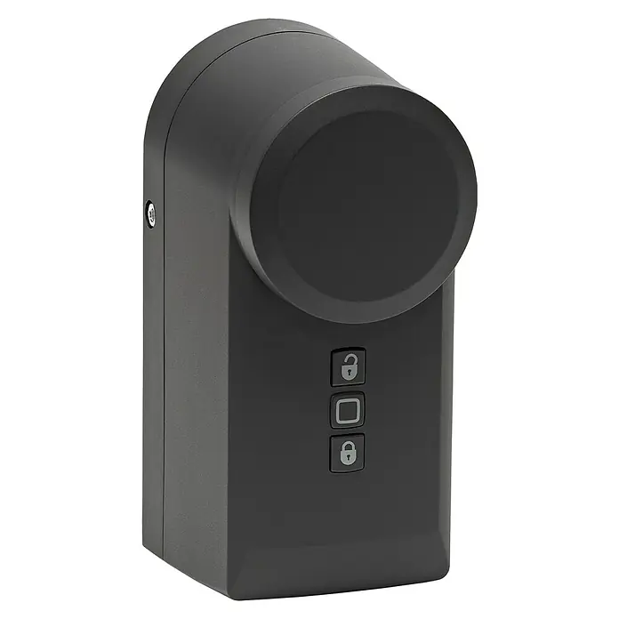 Homematic IP Funk-Türschlossantrieb HmIP-DLD-A - Anthrazit, Batteriebetrieben, 36 x 56 x 118 mm - Nahaufnahme eines schwarzen, smarten Türschlosses mit Tasten für mehr Sicherheit.