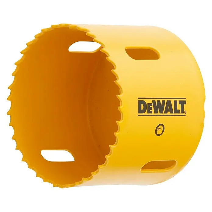 DeWalt Broca de taladro DT83 - 1 ud., Diámetro de la broca: 60 mm - La imagen muestra una sierra de corona amarilla DeWalt, una herramienta para hacer agujeros grandes. Ideal para cortes precisos en madera o metal.