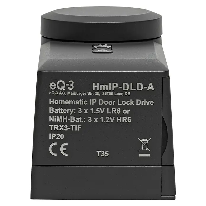 Homematic IP Funk-Türschlossantrieb HmIP-DLD-A - Anthrazit, Batteriebetrieben, 36 x 56 x 118 mm - Nahaufnahme eines Homematic IP Türschlossantriebs eQ-3 HmIP-DLD-A mit technischen Daten und Zertifizierungen.