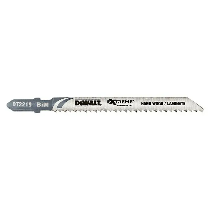 DeWalt Hoja de sierra de calar DT2219-QZ - Laminado, 3 pzs. - La imagen muestra una hoja de sierra de calar DeWalt DT2219 BiM de la serie Extreme para madera dura y laminado con corte de precisión.