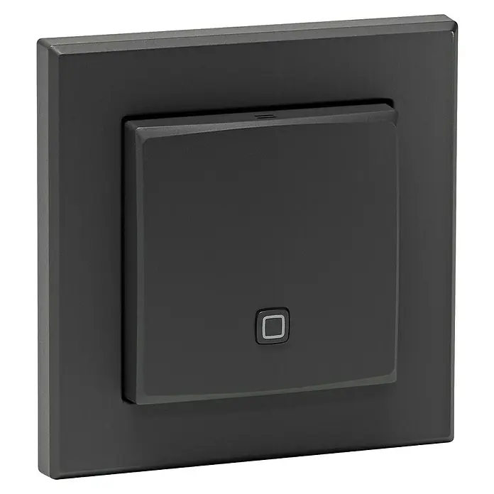 Homematic IP Funk-Temperatursensor HmIP-STH-A - Anthrazit, 20 x 86 x 86 mm, Batteriebetrieben - Nahaufnahme eines grauen, quadratischen Smart Home Lichtschalters mit einer Taste und einem minimalistischen Design.