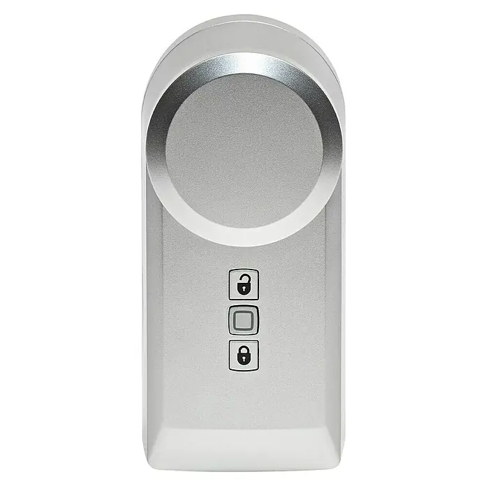 Homematic IP Funk-Türschlossantrieb HmIP-DLD-S - Silber, Batteriebetrieben, 36 x 56 x 118 mm - Nahaufnahme einer modernen, silbernen Smart Lock-Türverriegelung mit Tasten zum Entriegeln und Verriegeln für erhöhte Sicherheit.