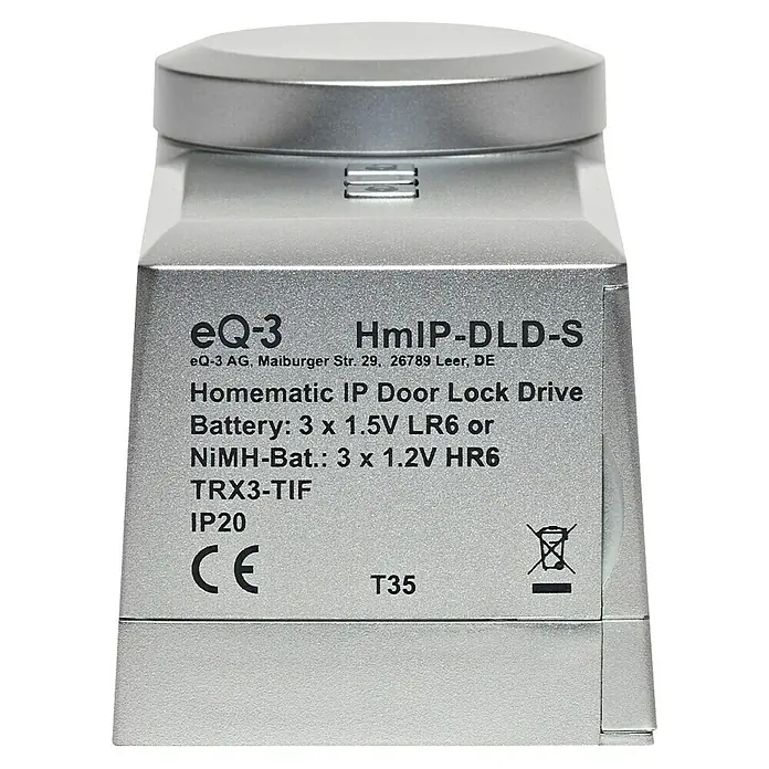 Homematic IP Funk-Türschlossantrieb HmIP-DLD-S - Silber, Batteriebetrieben, 36 x 56 x 118 mm - Nahaufnahme eines eQ-3 Homematic IP Türschlossantriebs DLD-S, der smarte Sicherheit für Ihr Zuhause bietet.