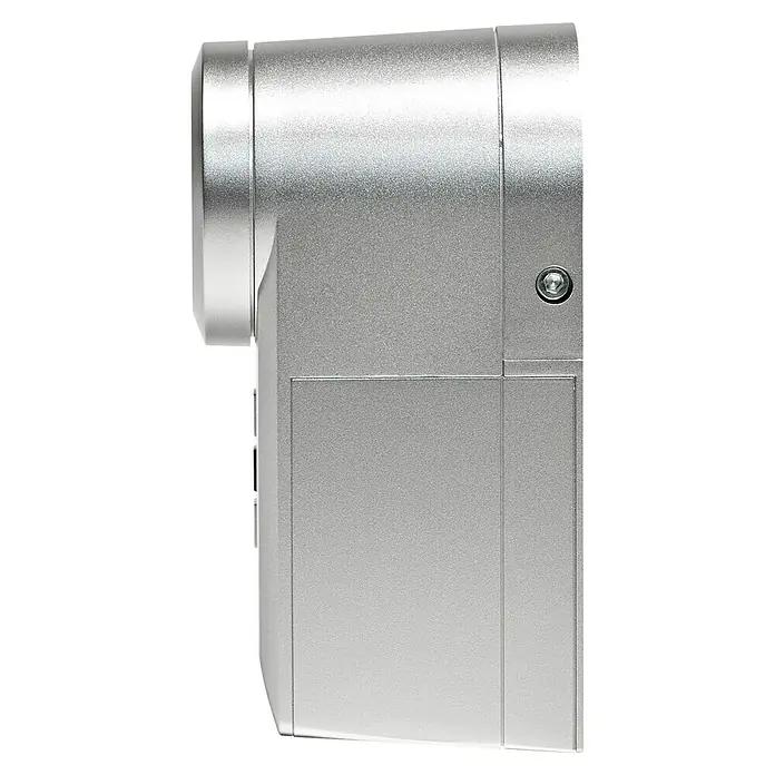 Homematic IP Funk-Türschlossantrieb HmIP-DLD-S - Silber, Batteriebetrieben, 36 x 56 x 118 mm - Detailaufnahme einer silbernen Kamera, die die glatte Textur und die präzise Verarbeitung des Geräts hervorhebt.