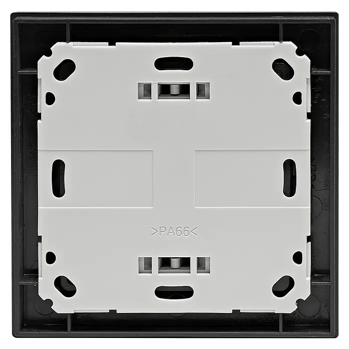 Homematic IP Funk-Temperatursensor HmIP-STH-A - Anthrazit, 20 x 86 x 86 mm, Batteriebetrieben - Rückseite eines schwarzen Lichtschalters mit einer weißen Kunststoffabdeckung, die mit >PA66< gekennzeichnet ist und mehrere Befestigungslöcher aufweist.