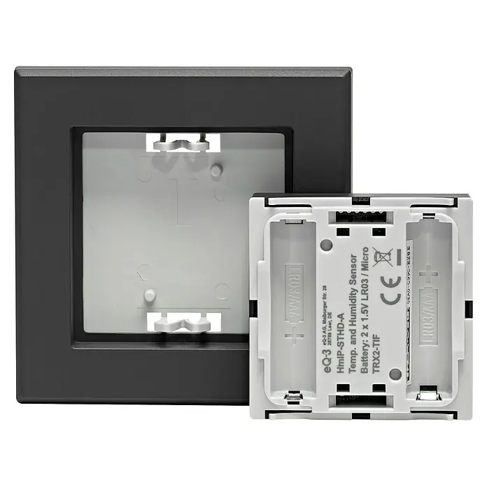 Homematic IP Funk-Temperatursensor HmIP-STHD-A - Anthrazit, L x B x H: 20 x 86 x 86 mm, Batteriebetrieben, IP20 - Nahaufnahme eines EQ-3 HmIP-STHD-A Temperatur- und Feuchtigkeitssensors mit Batteriefach für zwei LR03/Micro-Batterien.