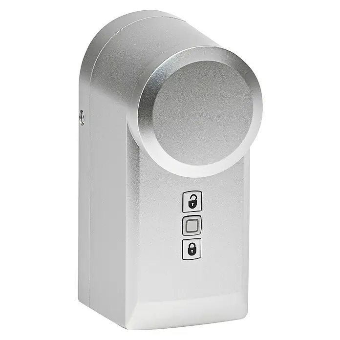 Homematic IP Funk-Türschlossantrieb HmIP-DLD-S - Silber, Batteriebetrieben, 36 x 56 x 118 mm - Nahaufnahme eines smarten Türschlosses in Silber mit mehreren Knöpfen auf einer schwarzen Oberfläche. Es hat einen modernen Look und eine glatte Oberfläche.