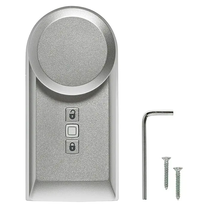 Homematic IP Funk-Türschlossantrieb HmIP-DLD-S - Silber, Batteriebetrieben, 36 x 56 x 118 mm - Intelligentes Türschloss-Set mit silbernem Finish, inklusive Schrauben und Schraubenschlüssel für die Installation.