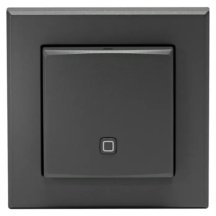 Homematic IP Funk-Temperatursensor HmIP-STH-A - Anthrazit, 20 x 86 x 86 mm, Batteriebetrieben - Ein schwarzer, quadratischer Lichtschalter mit einem rechteckigen Knopf in der Mitte und einer kleinen Kontrollleuchte unten.