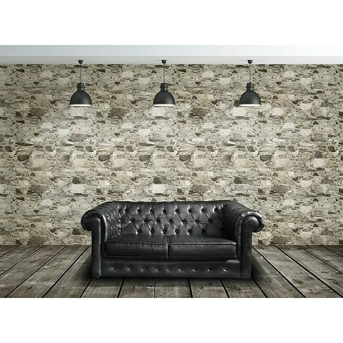 Revestimiento de pared Wall Rock - 40 x 60 cm, Gris, Mate - Elegante sofá Chesterfield de cuero negro con tapizado de botones. Perfecto para espacios de estar elegantes con un toque moderno.