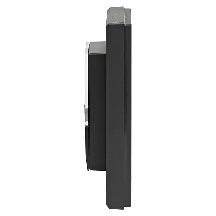 Homematic IP Funk-Temperatursensor HmIP-STHD-A - Anthrazit, L x B x H: 20 x 86 x 86 mm, Batteriebetrieben, IP20 - Nahaufnahme einer schwarzen Sicherheits-Touchscreen-Steuerung, seitliche Ansicht. Das Produkt zeichnet sich durch seine elegante Optik aus.