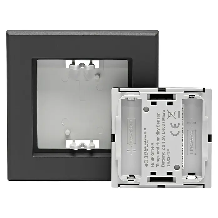 Homematic IP Funk-Temperatursensor HmIP-STH-A - Anthrazit, 20 x 86 x 86 mm, Batteriebetrieben - Das EQ-3 HmIP-STH-A Temperatur- und Feuchtigkeitssensor-Gerät zeigt das Batteriefach für zwei Micro-Batterien.