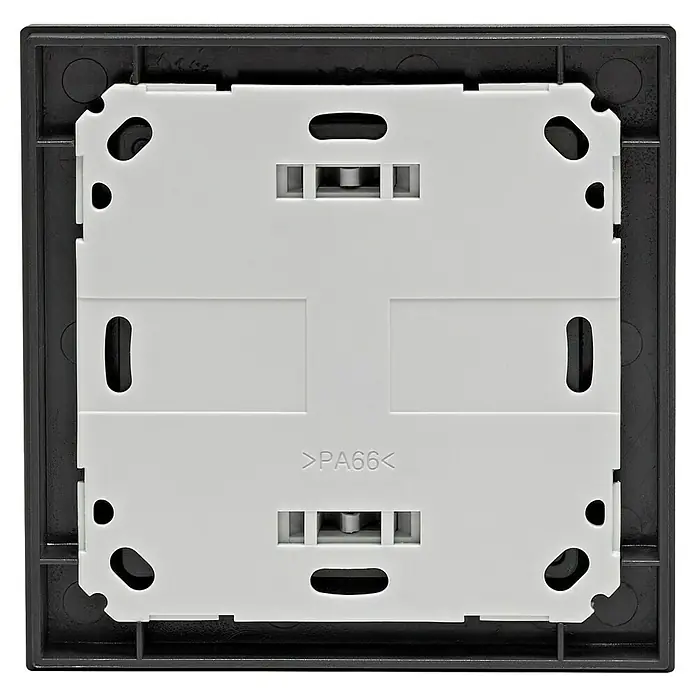 Homematic IP Funk-Temperatursensor HmIP-STHD-A - Anthrazit, L x B x H: 20 x 86 x 86 mm, Batteriebetrieben, IP20 - Nahaufnahme einer schwarzen Schalterabdeckung mit einer hellgrauen Polycarbonat-Platte, die die Aufschrift '>PA66<' trägt.