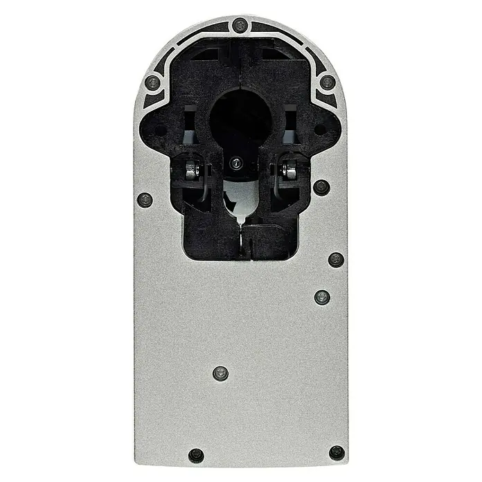 Homematic IP Funk-Türschlossantrieb HmIP-DLD-S - Silber, Batteriebetrieben, 36 x 56 x 118 mm - Nahaufnahme eines silberfarbenen Produkts mit schwarzer Mechanik, das durch Schrauben zusammengehalten wird. Detaillierte Darstellung der Komponenten.