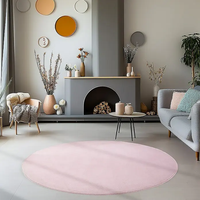 Kurzflorteppich Sky - Rosa, Durchmesser: 160 cm, 100 % Polyester - Der Blickfang in diesem Raum ist ein runder, rosafarbener Teppich, der eine warme und einladende Atmosphäre schafft.