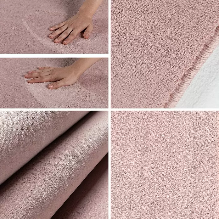 Kurzflorteppich Sky - Rosa, Durchmesser: 160 cm, 100 % Polyester - Weiche rosa Badematte aus Memory-Schaum mit Plüschtextur, Handabdrücke sichtbar.