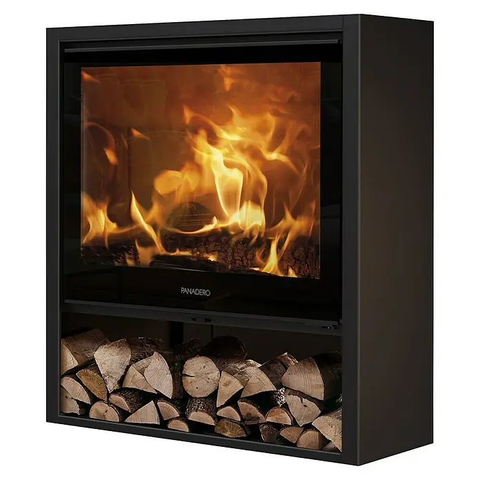 Panadero Estufa de leña Grand Allegro - 12,6 kW, Volumen de calefacción: 380 m³, Antracita - Esta chimenea moderna de Panadero ofrece un fuego elegante y un almacenamiento de leña práctico en un diseño elegante.