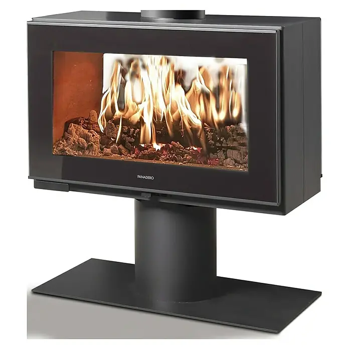 Panadero Estufa de leña Etoile - 7 kW, Volumen de calefacción: 210 m³, Antracita - Elegante estufa de leña Panadero con frente de vidrio y soporte. El fuego arde intensamente dentro de la estufa.