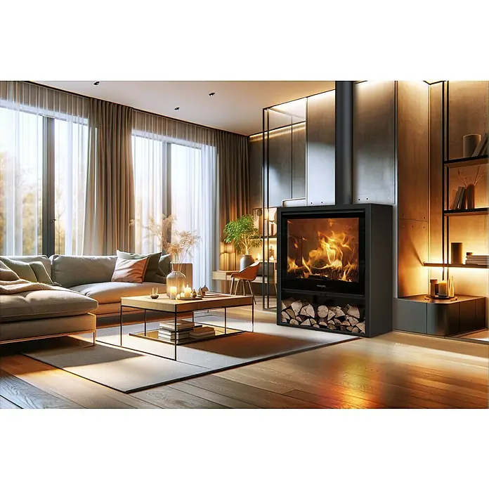 Panadero Kaminofen Grand Allegro Ecodesign - 12,6 kW, Raumheizvermögen: 380 m³, Material Verkleidung: Stahl, Schwarz Metallic - Ein modernes Wohnzimmer mit einem stilvollen Kamin, der Wärme und Ambiente bietet. Das knisternde Feuer sorgt für eine gemütliche Atmosphäre.