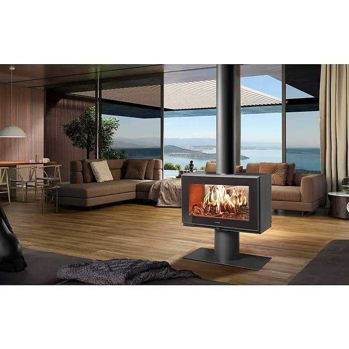 Panadero Estufa de leña Etoile - 7 kW, Volumen de calefacción: 210 m³, Antracita - Moderna instalación de chimenea en la sala de estar. La chimenea independiente con cristal ofrece una bonita vista de las llamas.