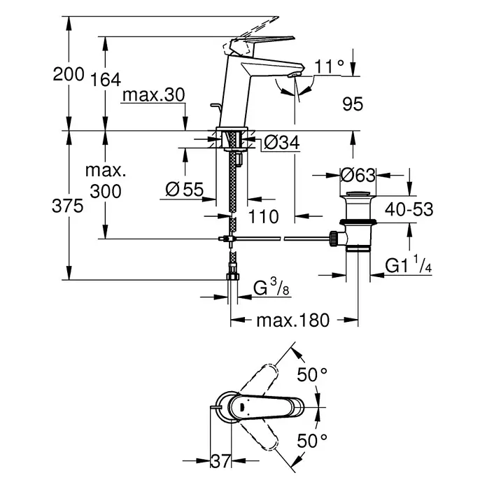 Grohe Eurodisc Cosmopolitan Waschtischarmatur S-Size - 10 l/min, Chrom, Glänzend - Produktbild mit Maßen und technischen Details einer Armatur, inklusive Höhe, Durchmesser und Winkel für Installationszwecke.
