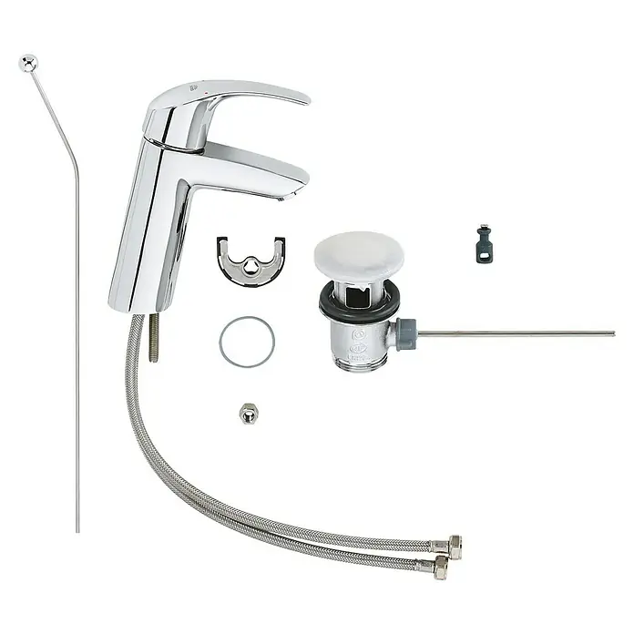Grohe Eurosmart Waschtischarmatur M-Size - Mit Zugstange, Chrom, Glänzend - Bild eines verchromten Wasserhahns mit verschiedenen Zubehörteilen. Der Wasserhahn ist das Hauptprodukt und steht im Mittelpunkt.