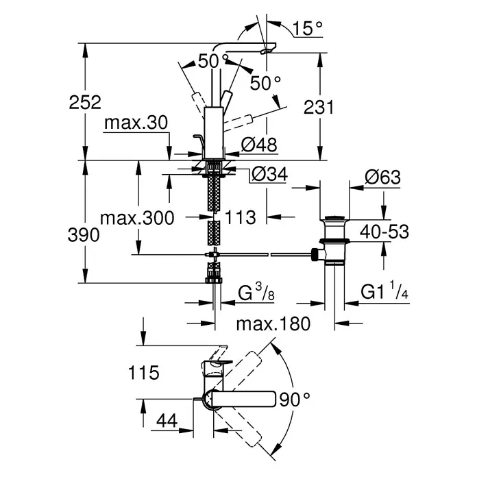 Grohe Lineare Waschtischarmatur L-Size - Chrom, Glänzend - Technische Zeichnung eines Waschtisch Wasserhahns mit allen Maßen. Die Zeichnung enthält alle notwendigen Maße und Spezifikationen.