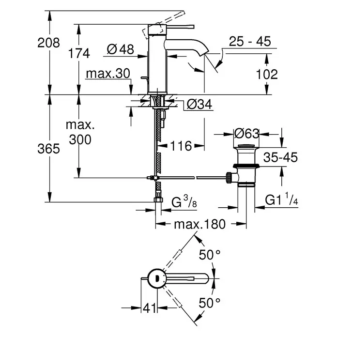 Grohe Essence New Waschtischarmatur S-Size - Mit Zugstange, Cool Sunrise, Glänzend - Eine technische Zeichnung eines Wasserhahns mit Maßangaben zu Rohren, Durchmesser und Höhen in Millimetern.