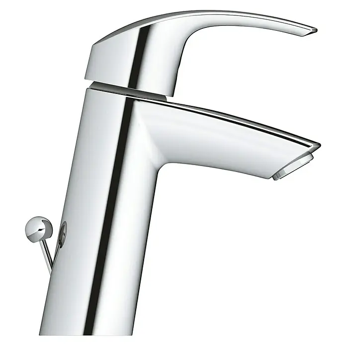 Grohe Eurosmart Waschtischarmatur M-Size - Mit Zugstange, Chrom, Glänzend - Nahaufnahme einer verchromten Waschtischarmatur mit modernem Design und Hebel für den Wasserfluss.
