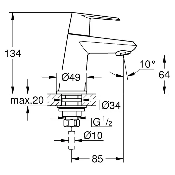 Grohe Eurodisc Cosmopolitan Kaltwasser-Standventil XS-Size - Chrom, Glänzend, Ohne Zugstange - Produktzeichnung einer Armatur mit Maßangaben zu Höhe, Ausladung und Durchmesser zur detaillierten Produktinformation.
