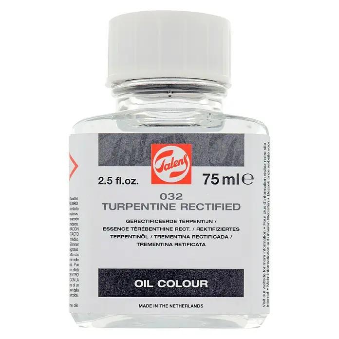 Talens Limpiador y disolvente para pinceles Trementina Rectificada - Incoloro, 75 ml - Imagen de una botella de aceite de trementina Talens, 75 ml, para diluir pinturas al óleo y limpiar pinceles.