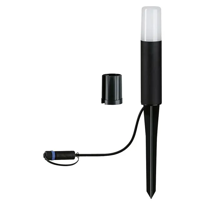 Paulmann Plug & Shine LED-Wegeleuchte Flarea - Schwarz, Höhe: 20 cm, Warmweiß - Abgebildet ist eine schwarze Gartenleuchte mit Erdspieß und abnehmbarer Kappe, ideal für die Beleuchtung von Außenbereichen.