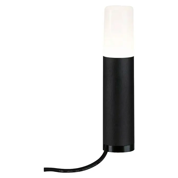 Paulmann Plug & Shine LED-Wegeleuchte Flarea - Schwarz, Höhe: 20 cm, Warmweiß - Nahaufnahme einer modernen, schwarzen Gartenleuchte mit einem leuchtend weißen Lampenschirm. Das Kabel ist dezent im Bild.