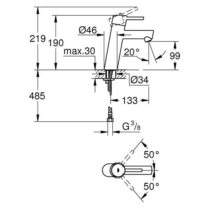 Grohe Concetto Waschtischarmatur M-Size - Ohne Zugstange, Chrom, Glänzend - Technische Zeichnung eines Wasserhahns mit Höhen-, Breiten- und Winkelangaben für die Installation.