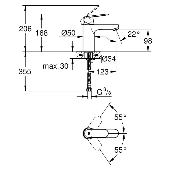 Grohe Eurosmart Cosmopolitan Waschtischarmatur M-Size - Ohne Zugstange, Chrom, Glänzend - Detailzeichnung des Wasserhahns mit Maßangaben zu Höhe, Ausladung und Durchmesser. Die Zeichnung zeigt auch die Drehbarkeit des Hebels.