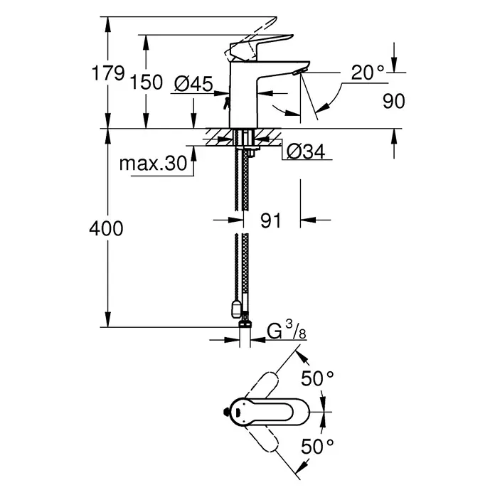 Grohe BauEdge Waschtischarmatur S-Size - Mit versenkbarer Kette, Chrom, Glänzend - Technische Zeichnung eines Wasserhahns mit Bemaßungen, die Installationsdetails und Abmessungen für Sanitärinstallationen zeigt.