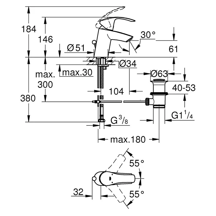Grohe Eurostyle Waschtischarmatur S-Size - Metall, Glänzend, Mit Zugstange - Eine detaillierte Schemazeichnung eines Wasserhahns mit allen Maßen und Winkeln für Installation und Design.