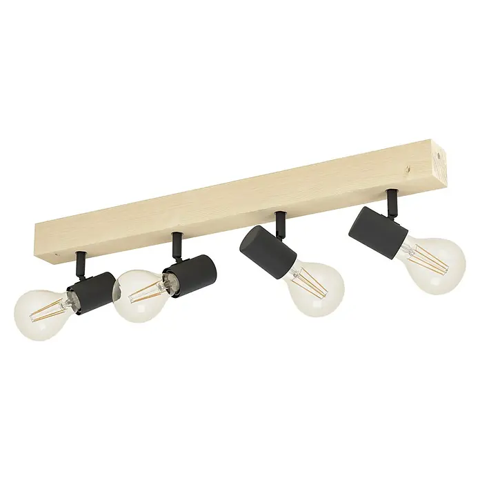 Eglo Townshend 3 Wandstrahler - 240 W, L x B x H: 63 x 5 x 5 cm, Braun/Schwarz, E27, 4 Stk. - Moderne Deckenleuchte mit vier Edison-Glühbirnen und einem Holzsockel.