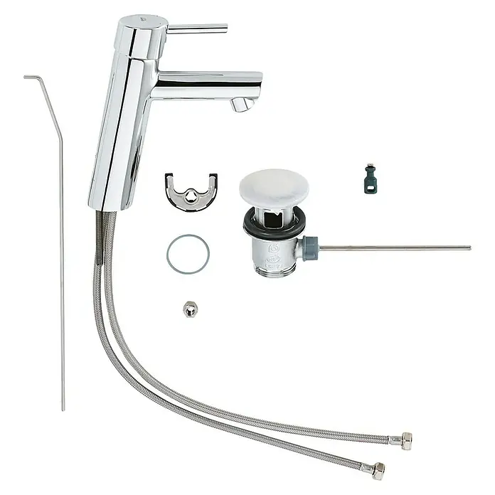 Grohe Concetto Waschtischarmatur M-Size - Mit Zugstange, Chrom, Glänzend - Ein glänzender, verchromter Wasserhahn mit Zubehör für die Installation im Badezimmer oder in der Küche.