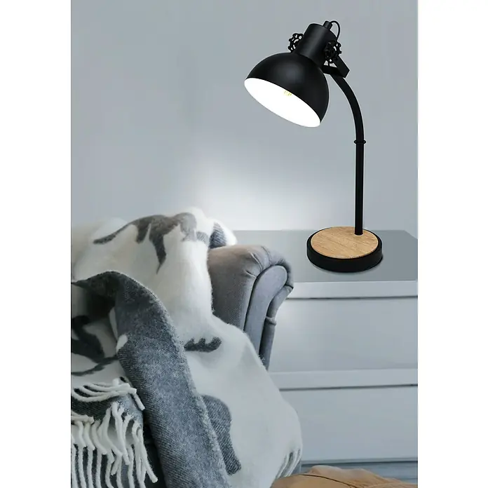 Eglo Lubenham Tischleuchte - 28 W, Schwarz/Braun, E27 - Schwarze Schreibtischlampe mit Holzsockel, die ein warmes Licht ausstrahlt und eine gemütliche Atmosphäre schafft. Ideal als Leseleuchte geeignet.