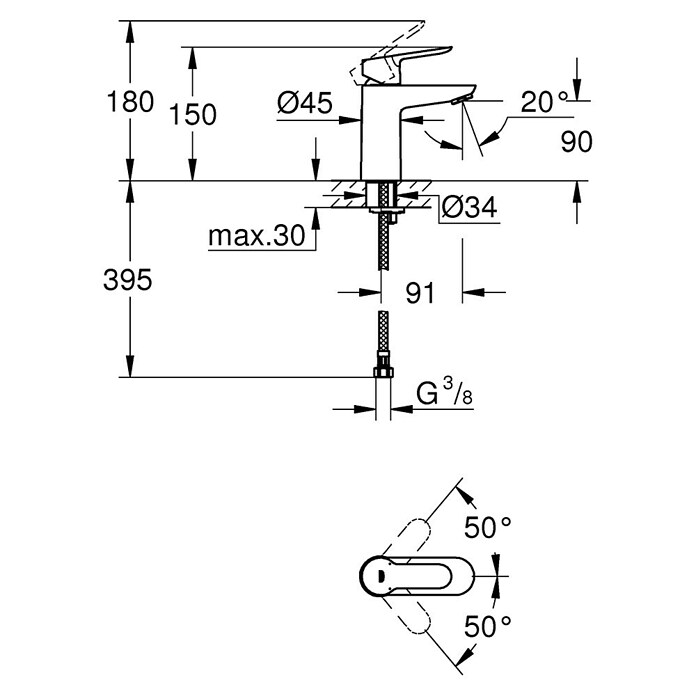 Grohe BauEdge Waschtischarmatur S-Size (Ohne Zugstange, Chrom, Glänzend)