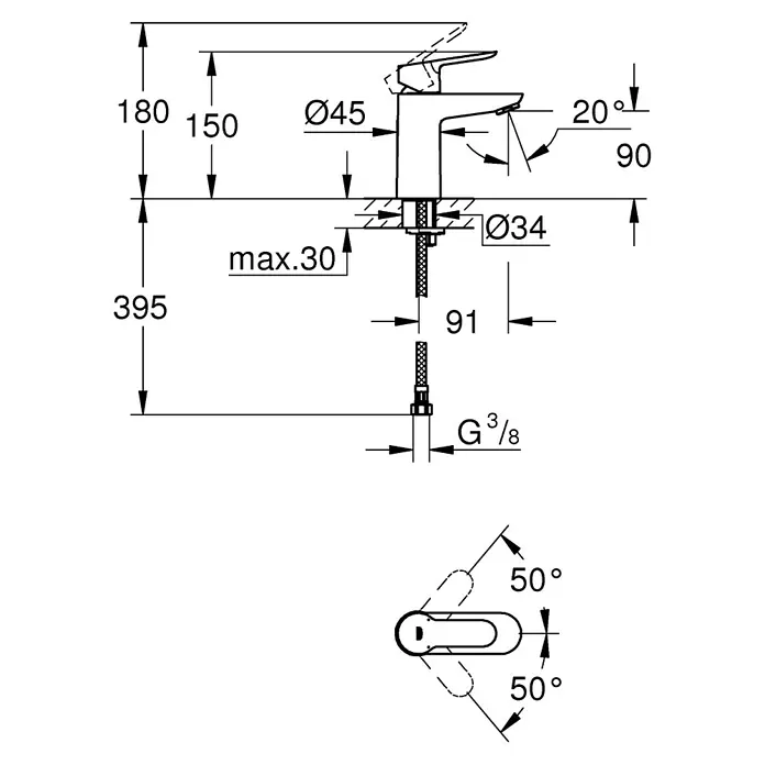 Grohe BauEdge Waschtischarmatur S-Size - Ohne Zugstange, Chrom, Glänzend - Produktbild eines Wasserhahns mit Maßangaben zu Höhe, Durchmesser und Winkel, sowie Details zu Anschlüssen.