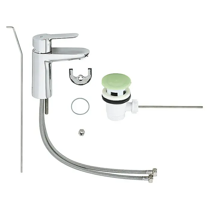Grohe Waschtischarmatur Bauedge S-Size - Chrom, Glänzend - Bild eines Grohe Einhand-Waschtischbatterie-Sets, das eine Armatur, einen Ablauf und Zubehör für die Installation umfasst.