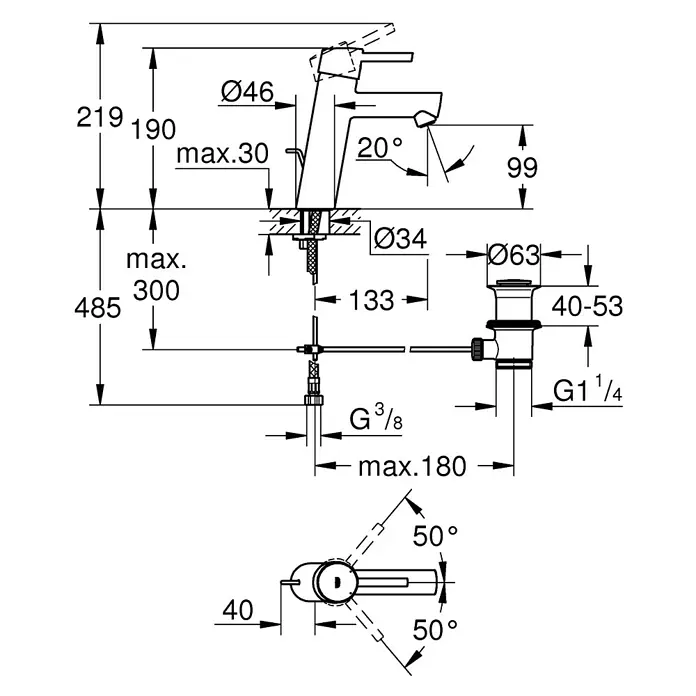 Grohe Concetto Waschtischarmatur M-Size - Mit Zugstange, Chrom, Glänzend - Eine technische Zeichnung einer Waschtischarmatur mit Maßangaben zu Höhe, Ausladung und Anschlüssen für die Installation.