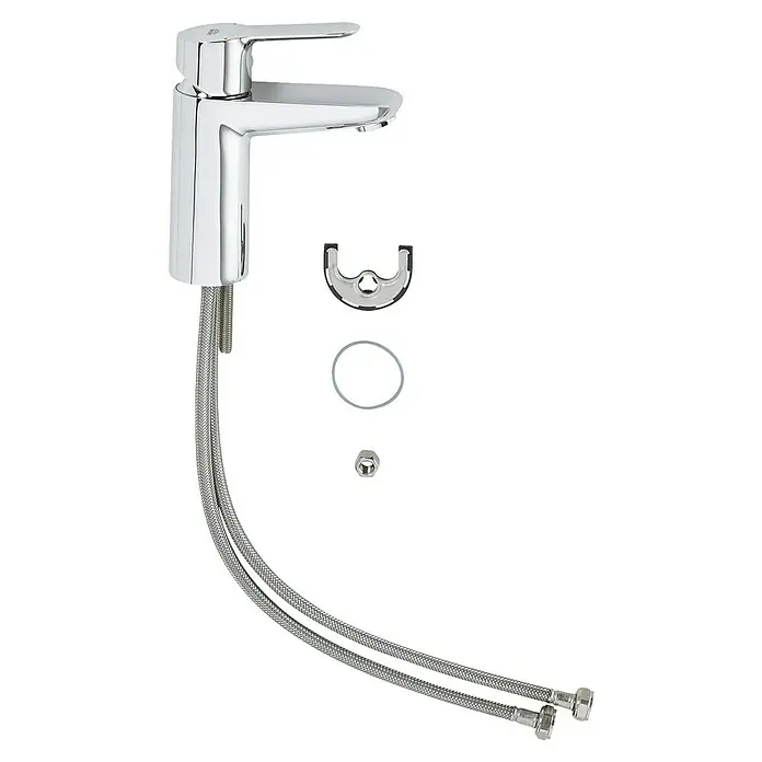 Grohe BauEdge Waschtischarmatur S-Size - Ohne Zugstange, Chrom, Glänzend - Einhand-Waschtischarmatur mit Anschlussschläuchen und Befestigungsmaterial für eine einfache Installation im Badezimmer.