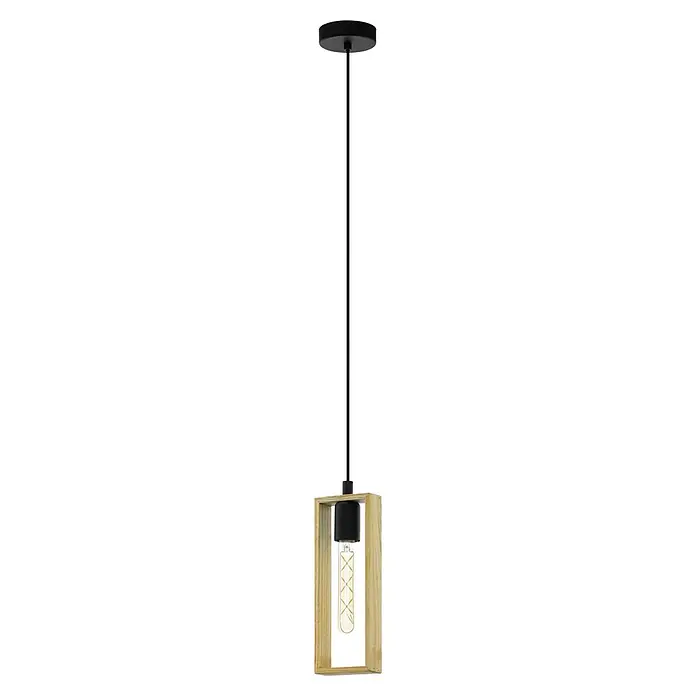 Eglo Pendelleuchte Littleton - 40 W, L x B x H: 11 x 10 x 110 cm, Schwarz/Braun, E27, Anzahl Leuchtmittel: 1 Stk. - Diese Pendelleuchte kombiniert einen schwarzen Metallstab mit einem Holzrahmen, der eine dekorative Glühbirne umschließt. Ein stilvolles Lichtelement.