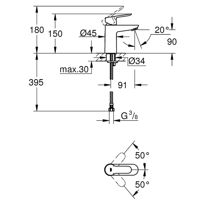 Grohe BauEdge Waschtischarmatur S-Size - Ohne Zugstange, Chrom, Glänzend - Technische Zeichnung einer Armatur mit Maßen und Betätigungswinkeln.