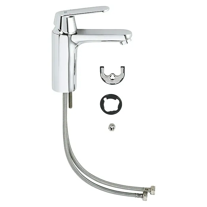Grohe Eurosmart Cosmopolitan Waschtischarmatur M-Size - Ohne Zugstange, Chrom, Glänzend - Eine Nahaufnahme eines glänzenden Chrom-Einhebelmischers mit Zubehör, isoliert auf einem schwarzen Hintergrund, für Badezimmer oder Küche.